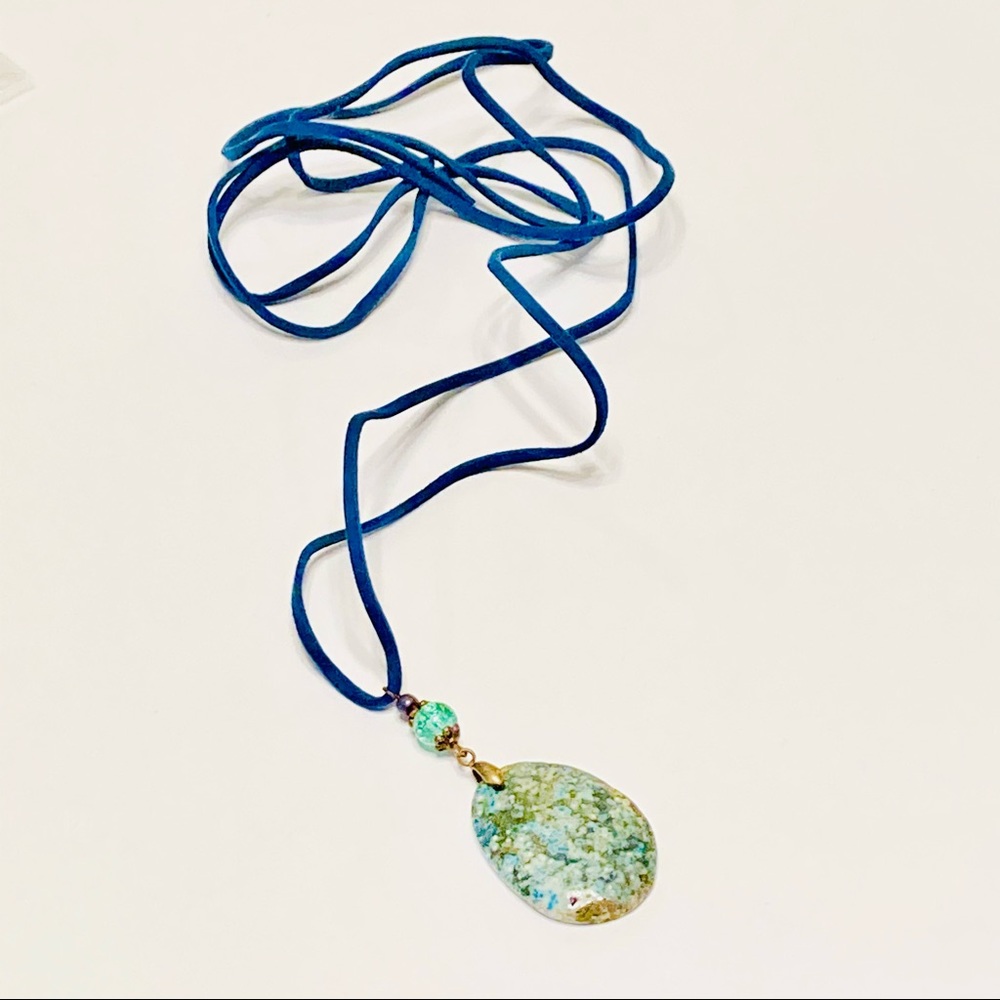 Speckled Mint Green Aqua Teal Blue Gray Azurite Stone Artsy Bohemian Necklace